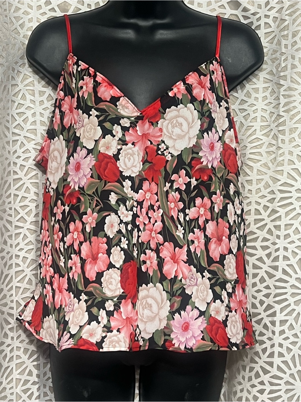 Floral V-Neck Cami Top - Black with Red & Pink Flowers